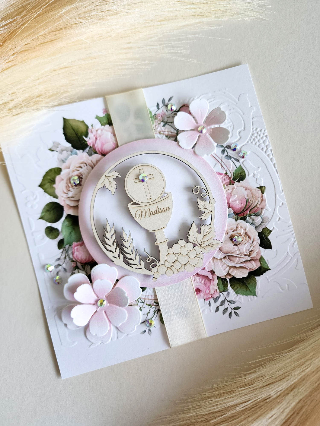 First Communion Invitation - with rhinestones and flowers on front